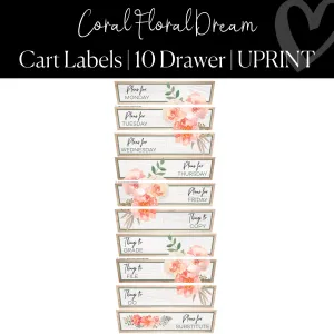 10 Drawer Rolling Cart Labels | Coral Floral Dream Classroom Decor | UPRINT | Schoolgirl Style