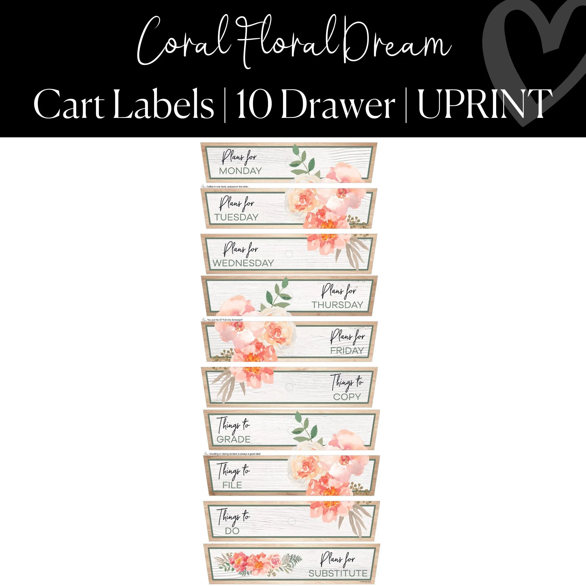 10 Drawer Rolling Cart Labels | Coral Floral Dream Classroom Decor | UPRINT | Schoolgirl Style