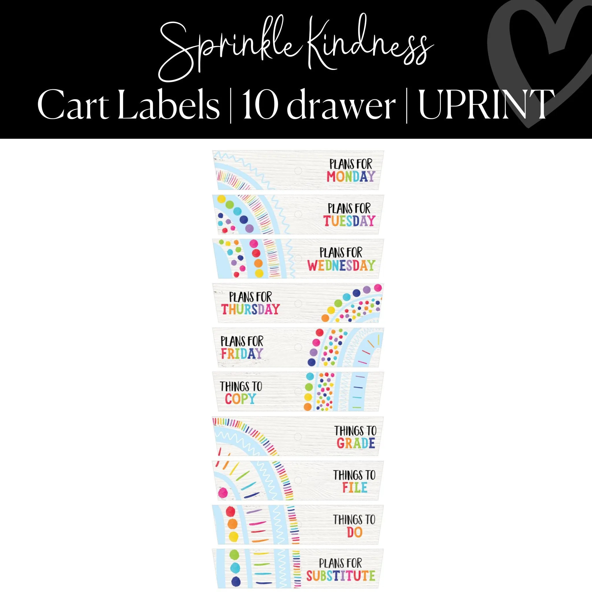 10 Drawer Rolling Cart Labels | Sprinkle Kindness Rainbow Classroom Decor | UPRINT | Schoolgirl Style