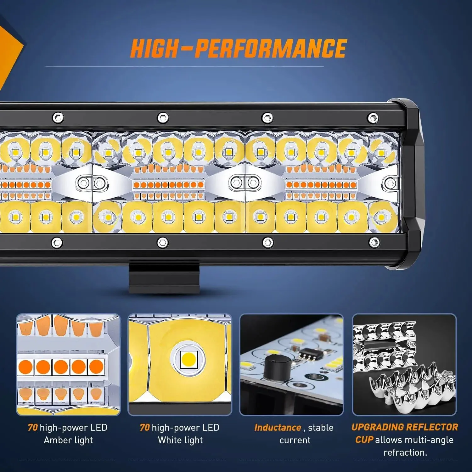 20 Inch 420W Triple Row Amber White Strobe Spot Flood LED Light Bar | 16AWG Wire