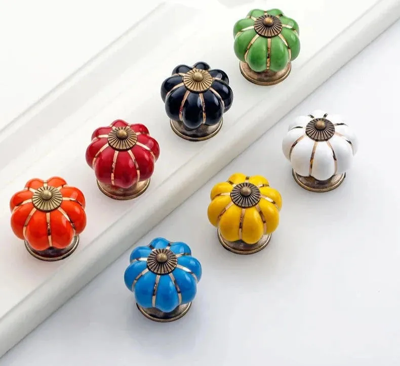 40mm Ceramic Pumpkin Drawer Knobs Screws Single Hole Cabinet Handles