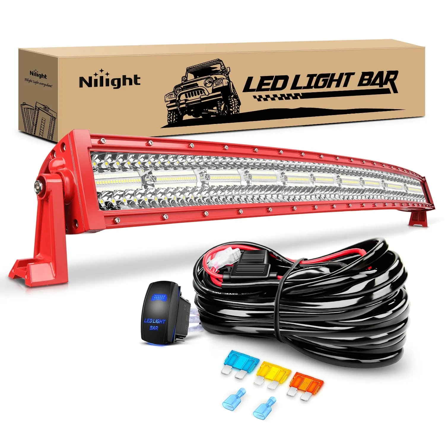 42 Inch Triple Row Red Shell Spot Flood Led Light Bar | 14AWG Wire 5Pin Switch