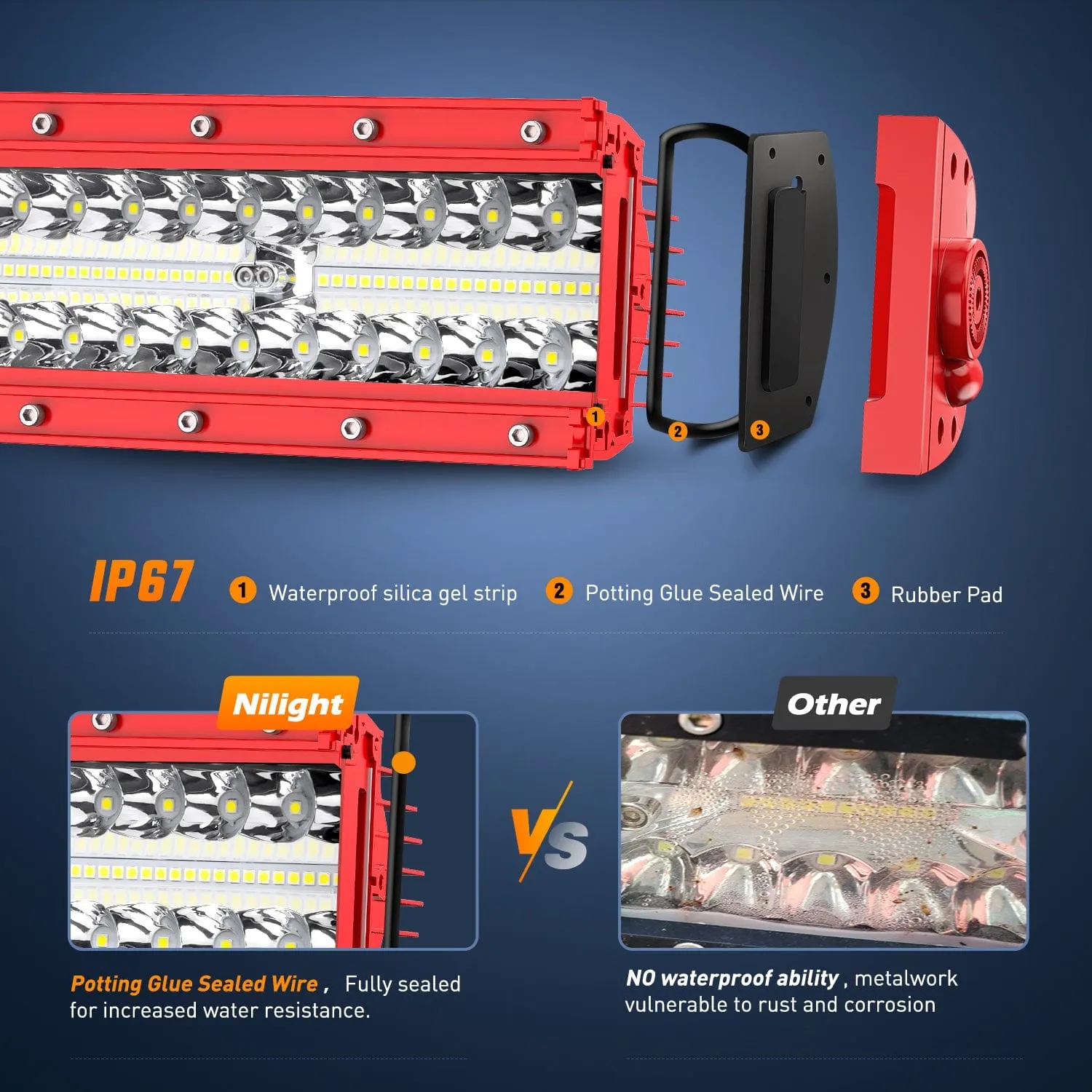 42 Inch Triple Row Red Shell Spot Flood Led Light Bar | 14AWG Wire 5Pin Switch