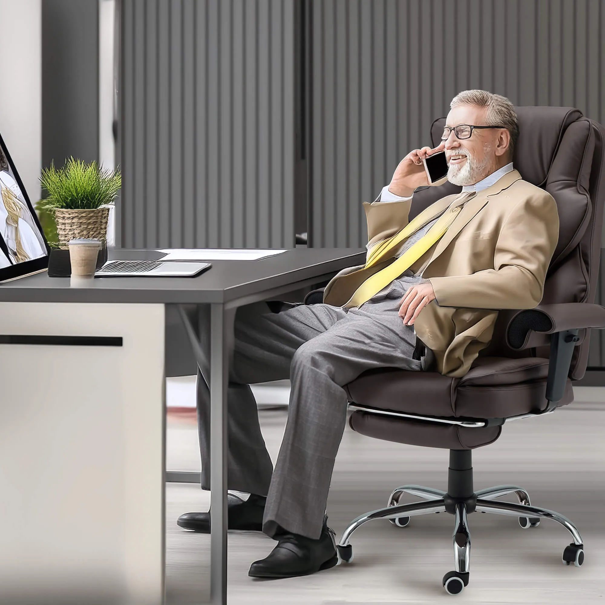 6-Point Massage Heat Ergonomic Reclining Office Chair with Footrest Brown