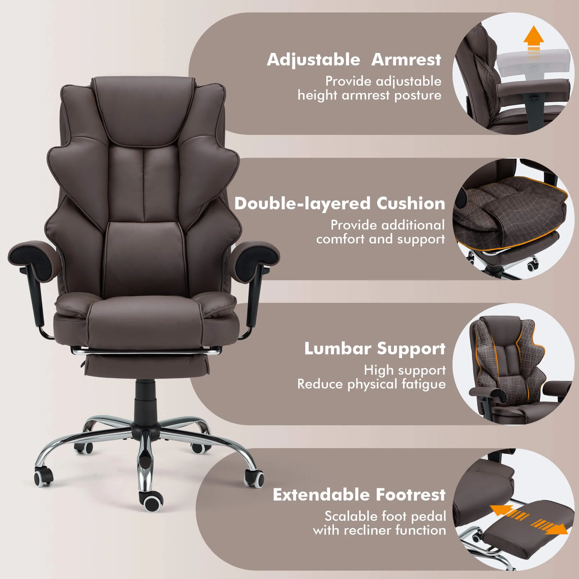 6-Point Massage Heat Ergonomic Reclining Office Chair with Footrest Brown