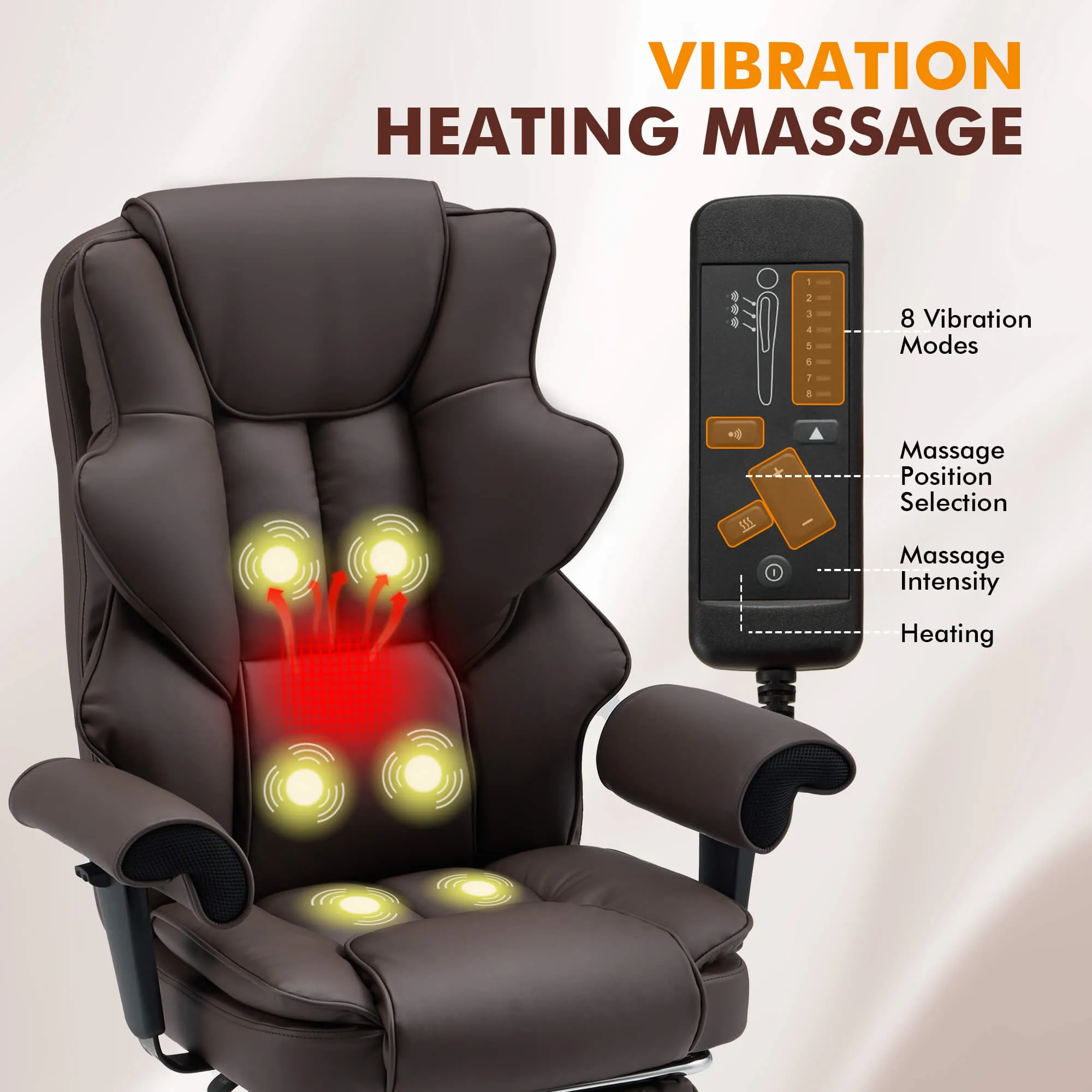 6-Point Massage Heat Ergonomic Reclining Office Chair with Footrest Brown