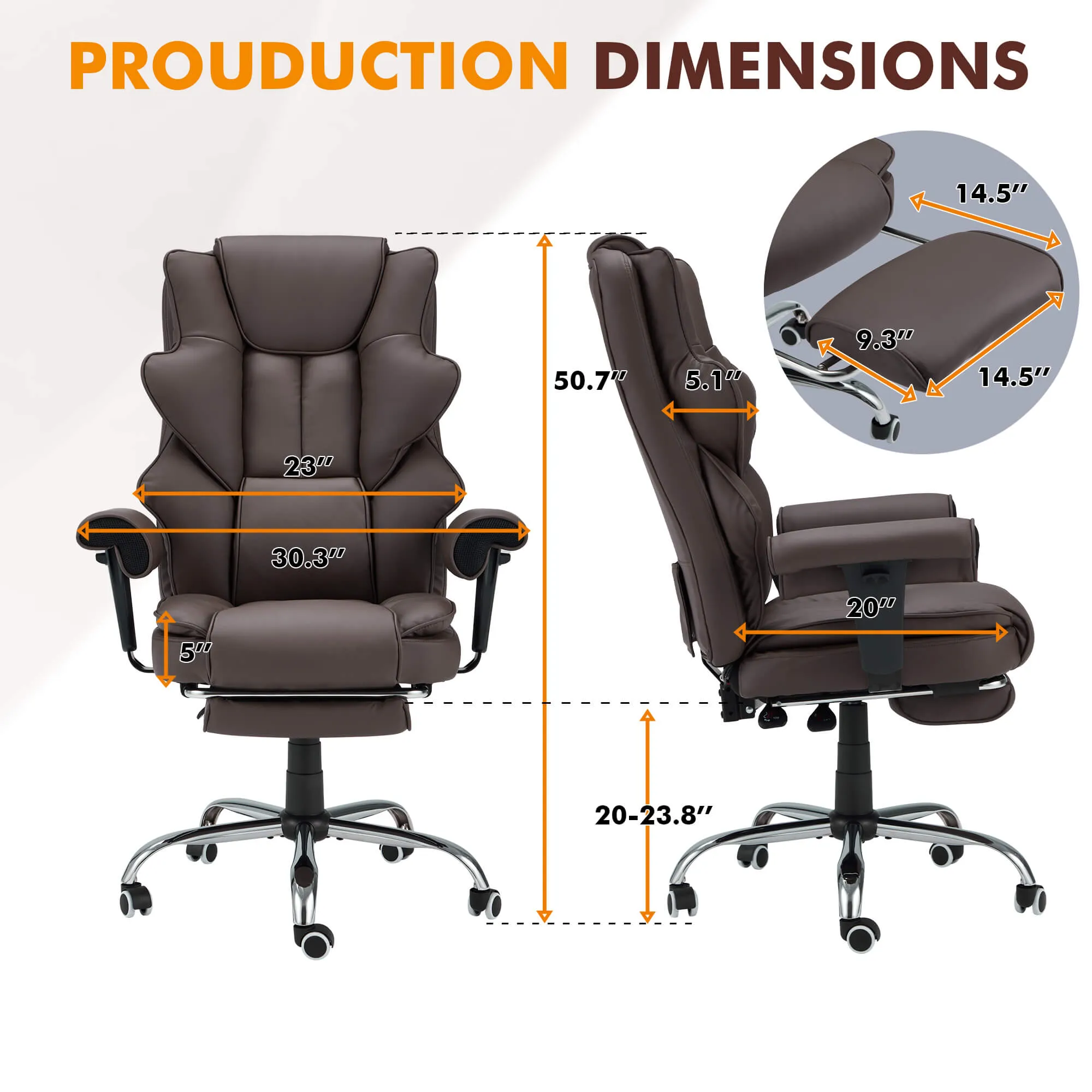 6-Point Massage Heat Ergonomic Reclining Office Chair with Footrest Brown