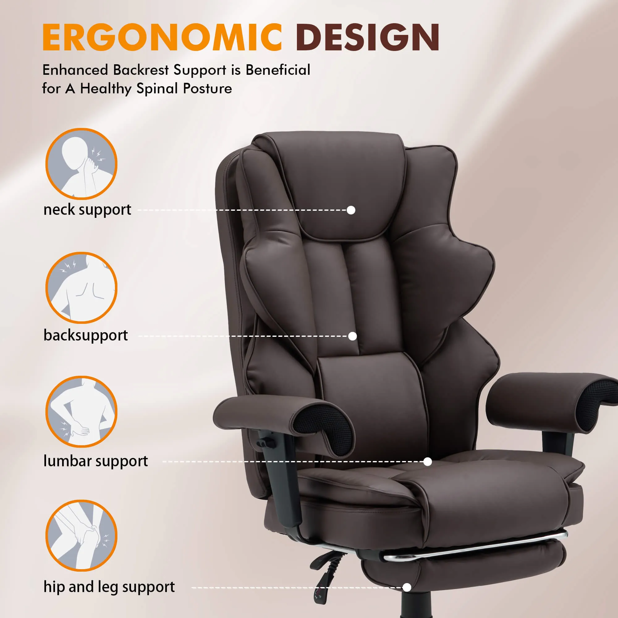 6-Point Massage Heat Ergonomic Reclining Office Chair with Footrest Brown