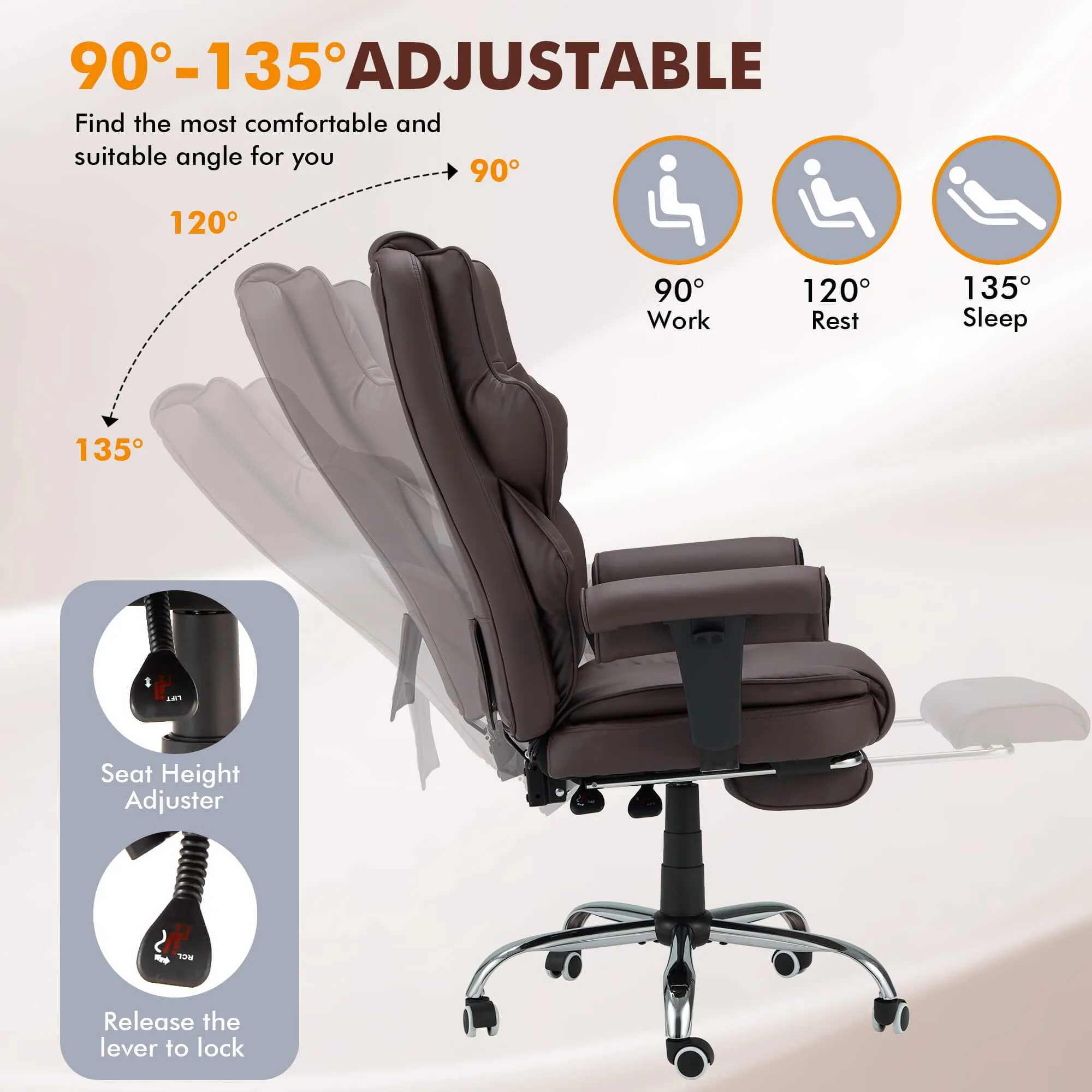6-Point Massage Heat Ergonomic Reclining Office Chair with Footrest Brown