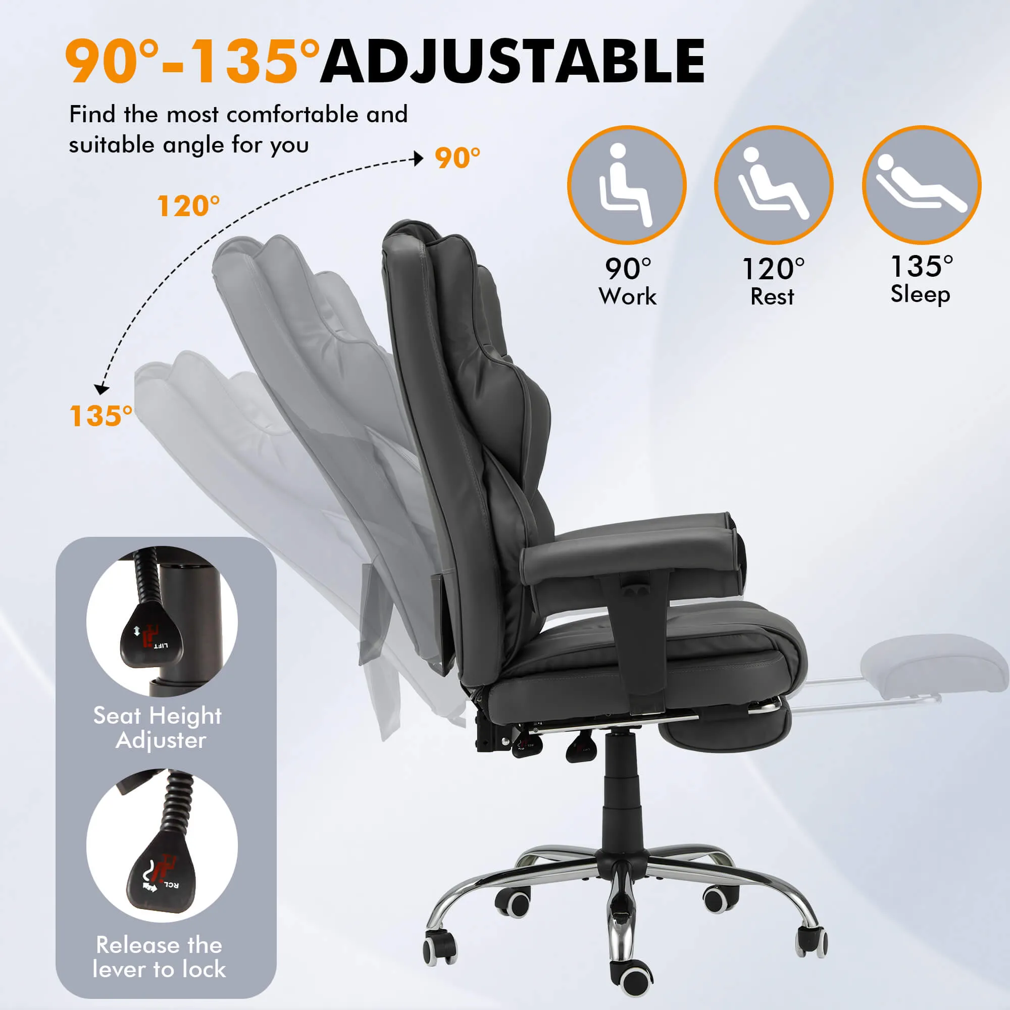 6-Point Massage Heat Ergonomic Reclining Office Chair with Footrest Gray