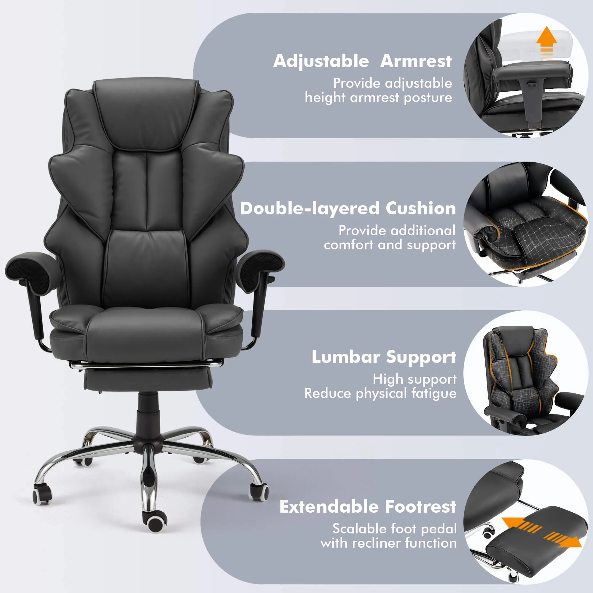 6-Point Massage Heat Ergonomic Reclining Office Chair with Footrest Gray