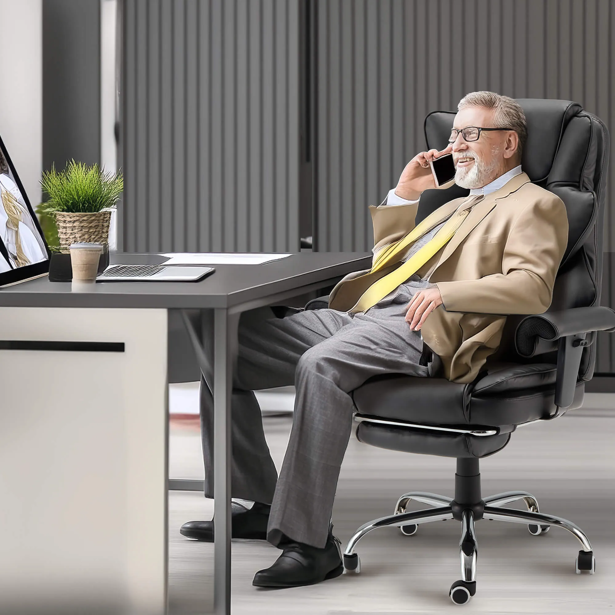 6-Point Massage Heat Ergonomic Reclining Office Chair with Footrest Gray