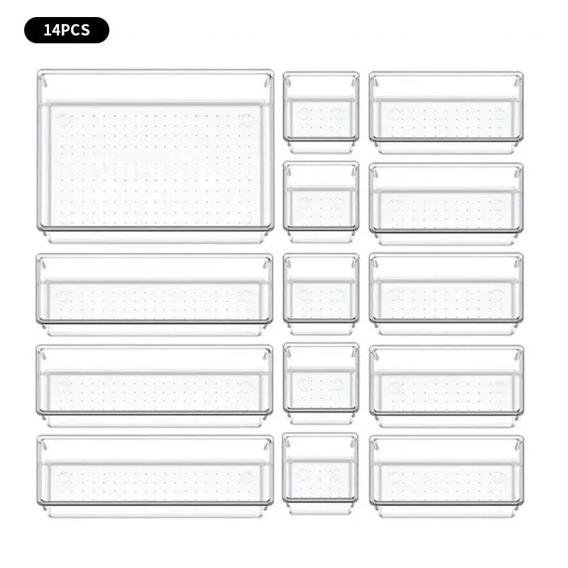 7 14 Pcs Clear Plastic Drawer Organizers Set for Desk Bedroom and Office Storage Ideal for Makeup Jewelry and Gadgets