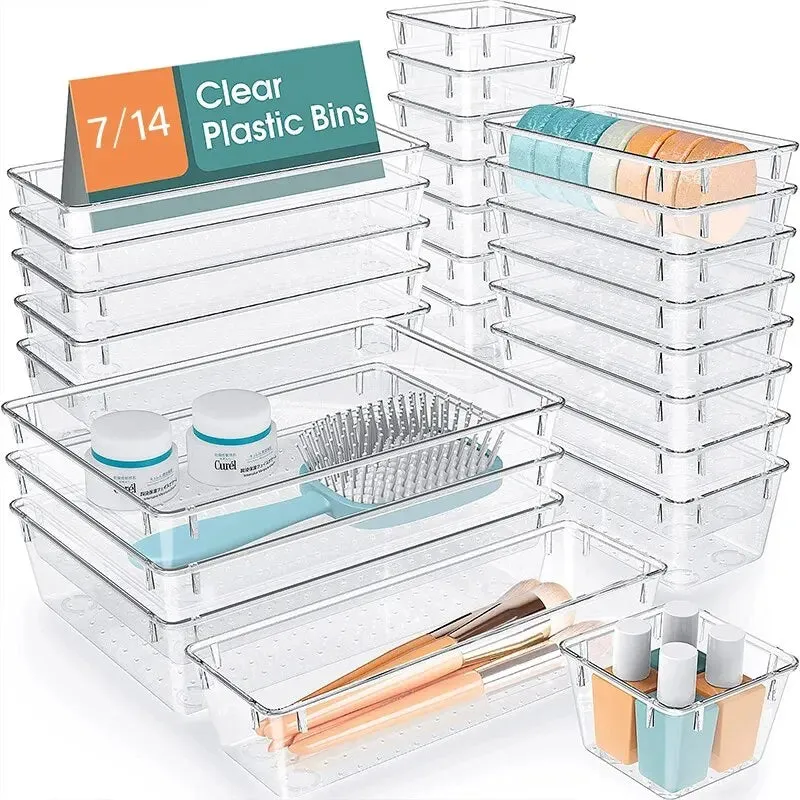 7 14 Pcs Clear Plastic Drawer Organizers Set for Desk Bedroom and Office Storage Ideal for Makeup Jewelry and Gadgets