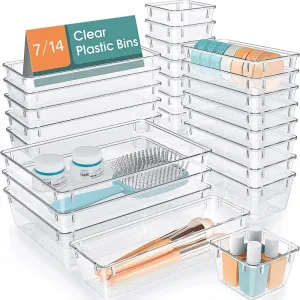 7 14 Pcs Clear Plastic Drawer Organizers Set for Desk Bedroom and Office Storage Ideal for Makeup Jewelry and Gadgets