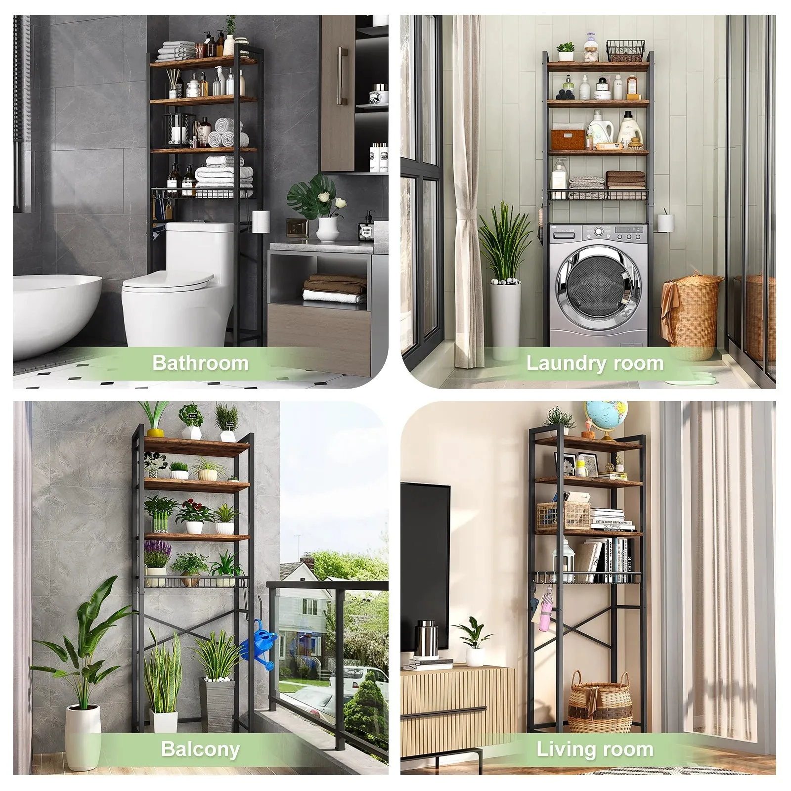 Biemlerfn Over The Toilet Storage Shelf, 4-Tier Wooden Bathroom Organizer Adjustable Saver Space Rack with Toilet Paper Holder, Brown