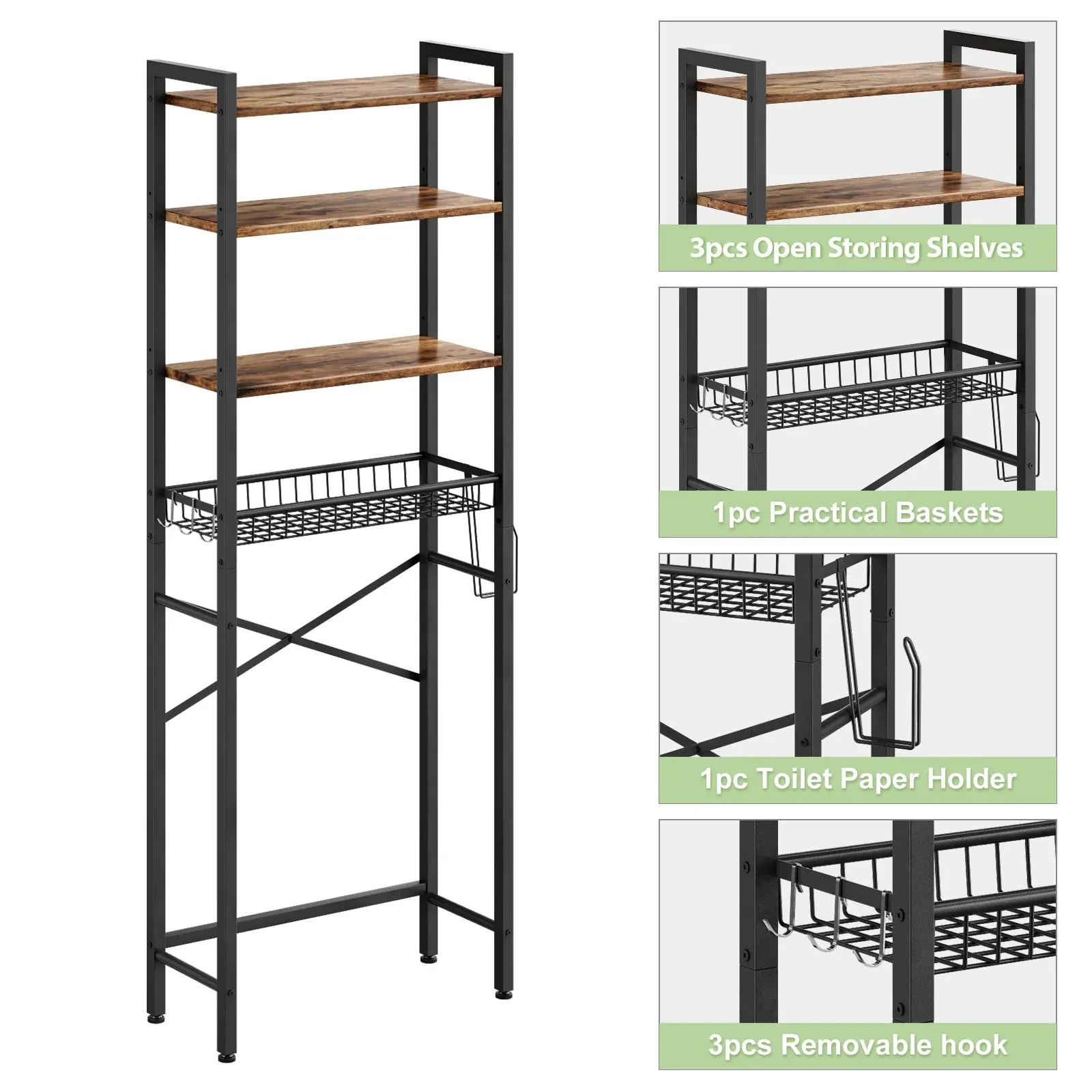 Biemlerfn Over The Toilet Storage Shelf, 4-Tier Wooden Bathroom Organizer Adjustable Saver Space Rack with Toilet Paper Holder, Brown