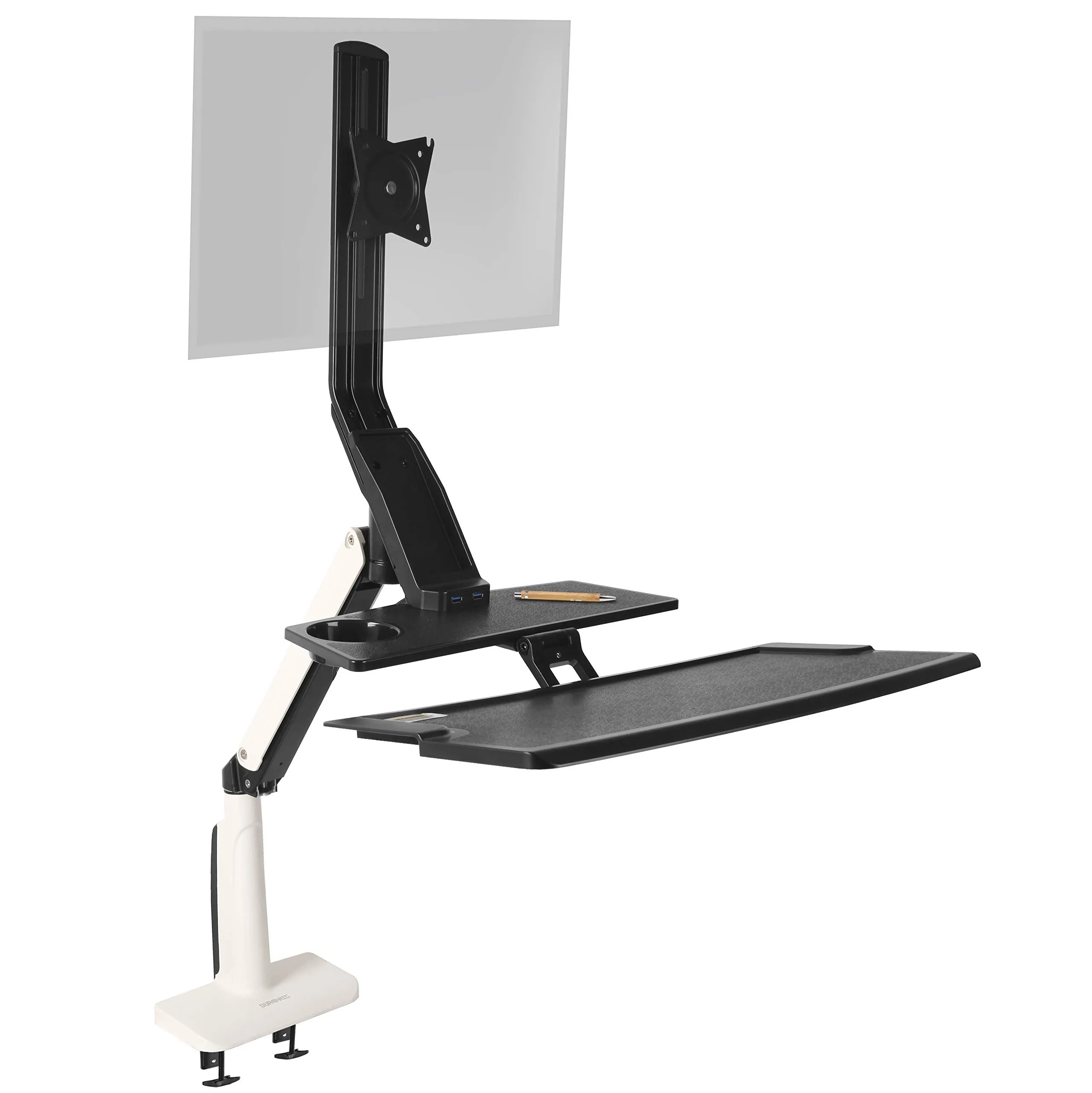 Duronic Sit-Stand Desk Mount DM1K1X1 | Height Adjustable Riser for LCD/LED Screen | Gas Monitor Arm with Keyboard Tray | USB Port | Elevated Workstation Convertor | (Tilt:  15°/-15°, Rotate 360°)