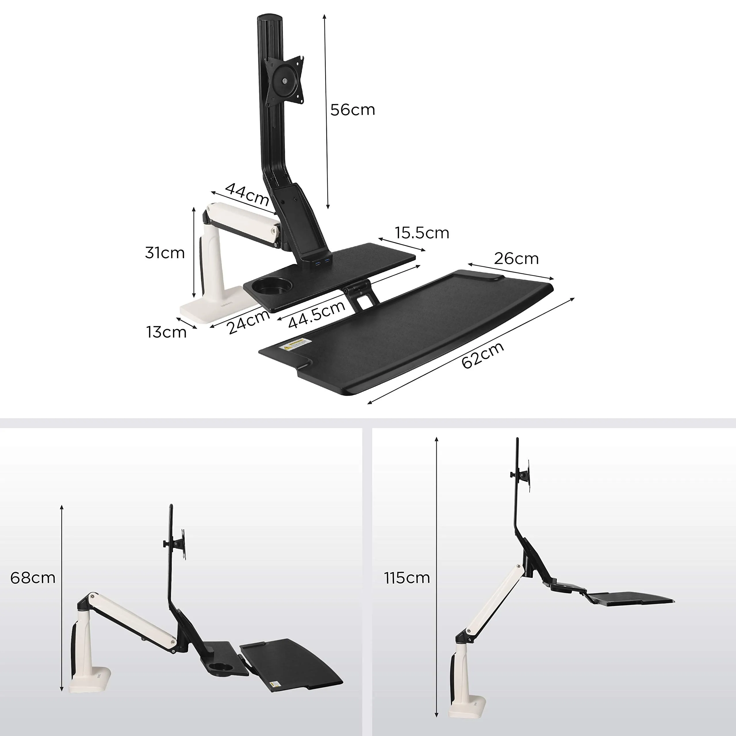 Duronic Sit-Stand Desk Mount DM1K1X1 | Height Adjustable Riser for LCD/LED Screen | Gas Monitor Arm with Keyboard Tray | USB Port | Elevated Workstation Convertor | (Tilt:  15°/-15°, Rotate 360°)