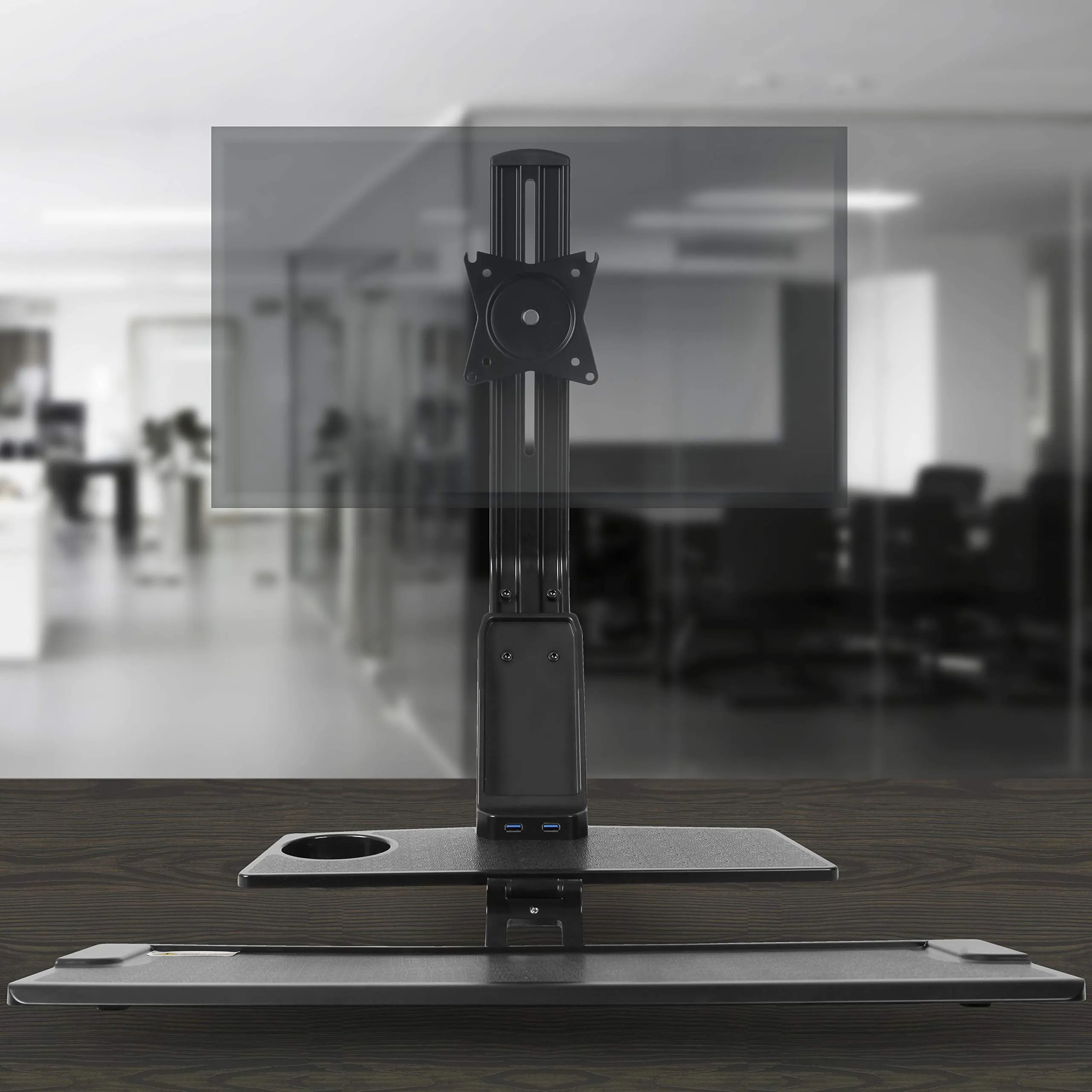 Duronic Sit-Stand Desk Mount DM1K1X1 | Height Adjustable Riser for LCD/LED Screen | Gas Monitor Arm with Keyboard Tray | USB Port | Elevated Workstation Convertor | (Tilt:  15°/-15°, Rotate 360°)