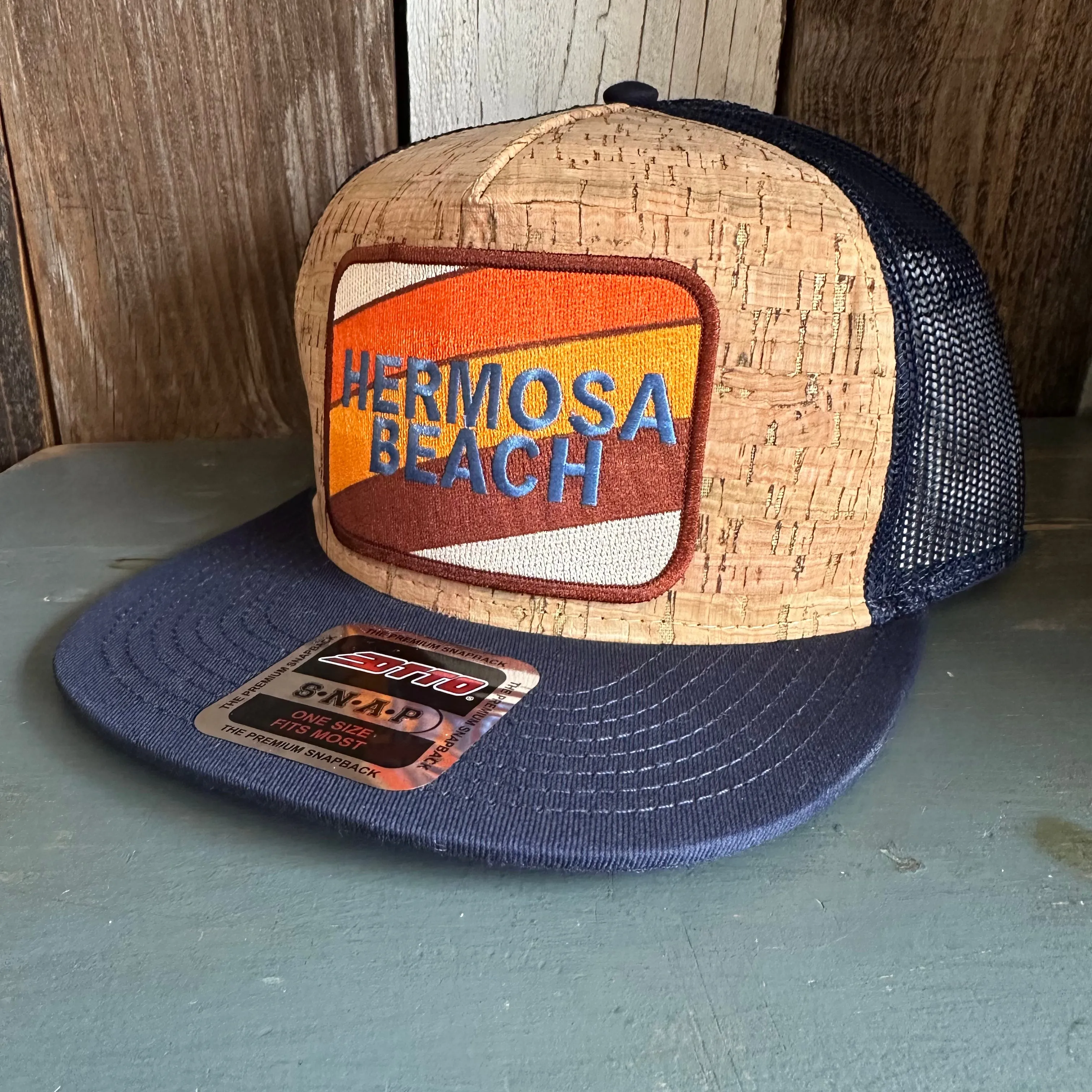 Hermosa Beach GOLF CARTS & YOGA PANTS Premium Cork Trucker Hat (Navy Blue)