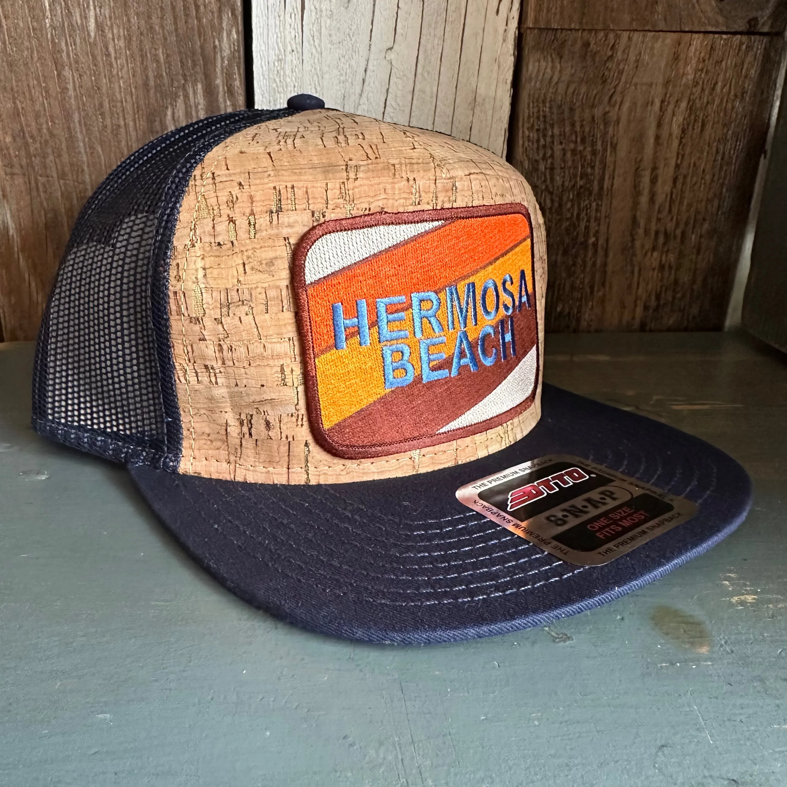 Hermosa Beach GOLF CARTS & YOGA PANTS Premium Cork Trucker Hat (Navy Blue)