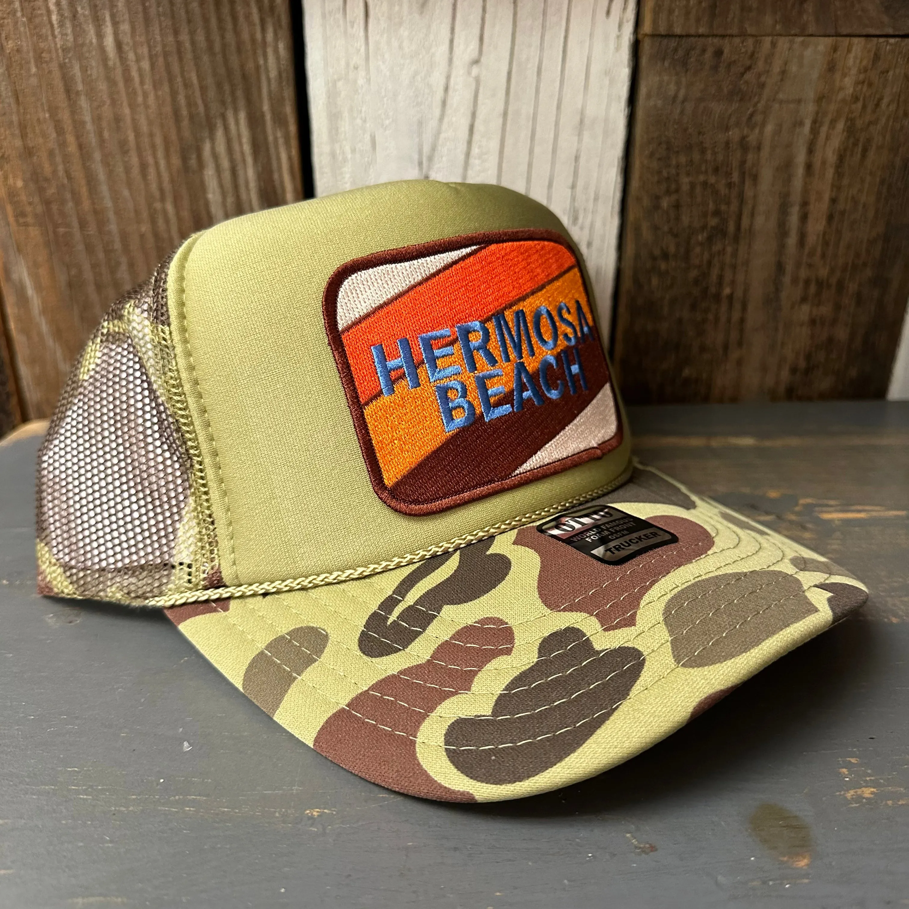 Hermosa Beach GOLF CARTS & YOGA PANTS Trucker Hat - CAMOUFLAGE Green/Light Loden/Green