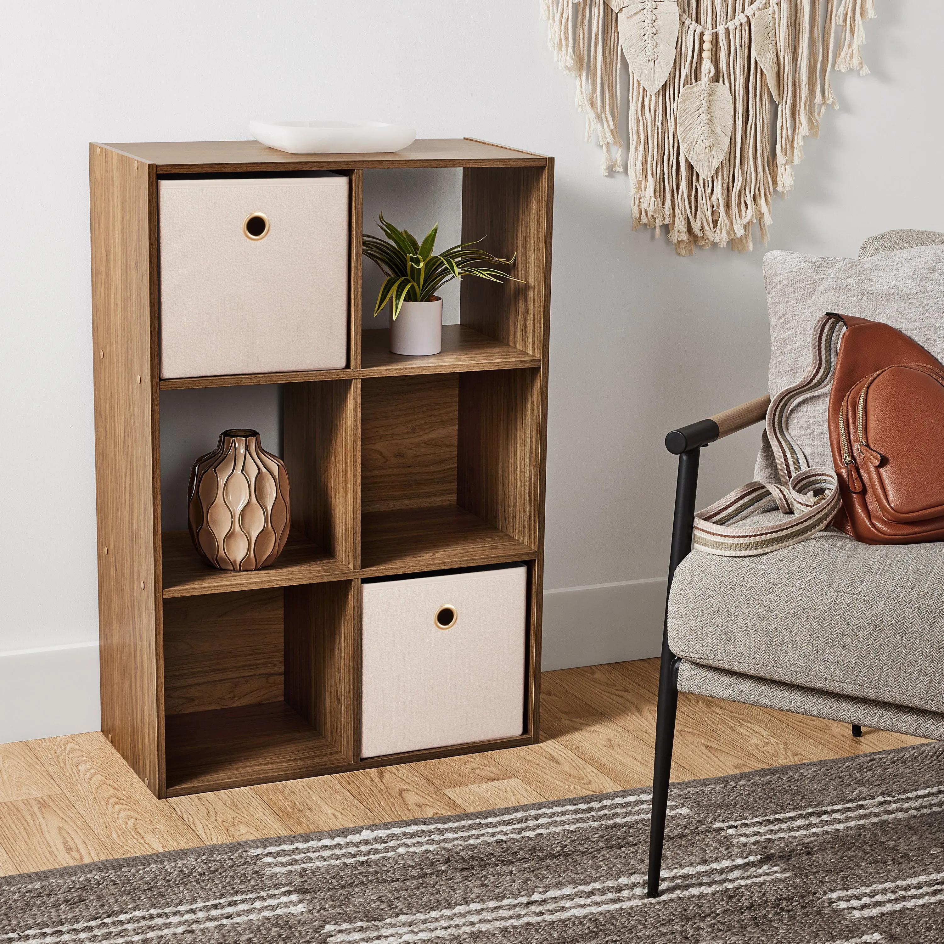 Mainstays 11" 6-Cube Storage Organizer, Warm Walnut