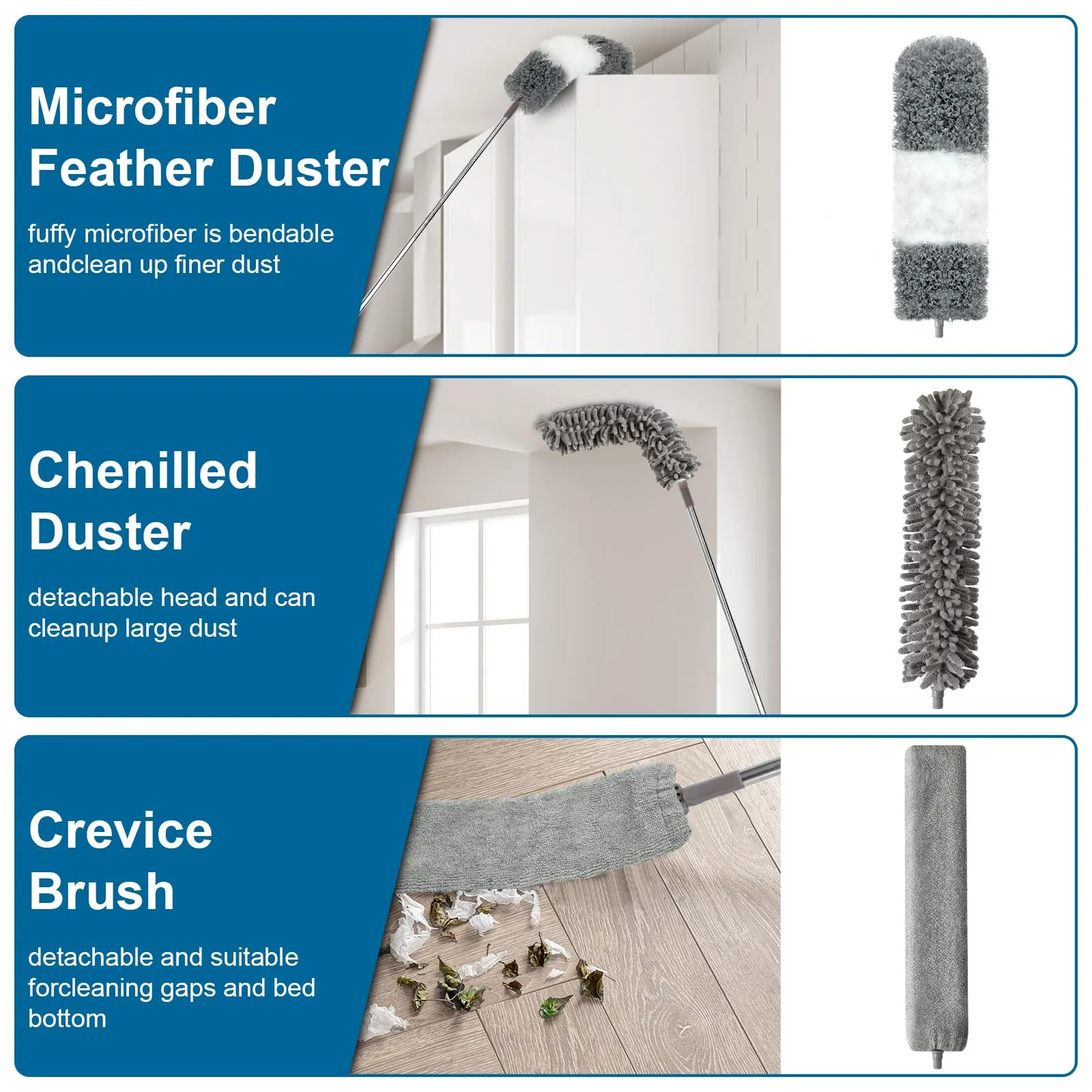 Microfiber Duster, 4PCS with Extension Pole(Stainless Steel) 30 to 100 Inches, Reusable Bendable Dusters, Washable Lightweight Dusters for Cleaning Ceiling Fan, High Ceiling, Blinds, Furniture, Cars