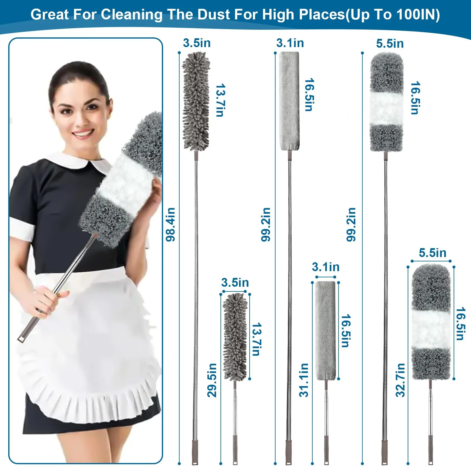 Microfiber Duster, 4PCS with Extension Pole(Stainless Steel) 30 to 100 Inches, Reusable Bendable Dusters, Washable Lightweight Dusters for Cleaning Ceiling Fan, High Ceiling, Blinds, Furniture, Cars