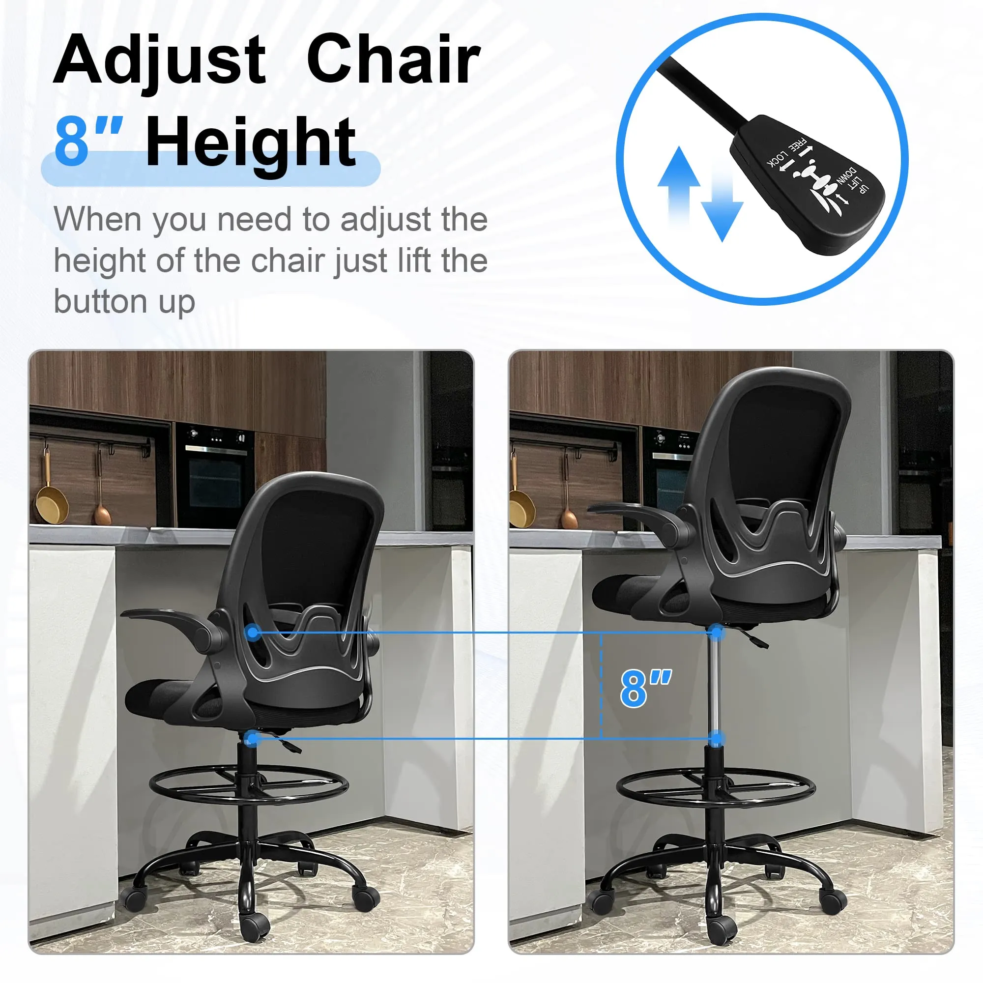 Primy Drafting Chair Tall Office Chair with Flip-up Armrests Executive Ergonomic Computer Standing Desk Chair with Lumbar Support and Adjustable Footrest Ring (Black)