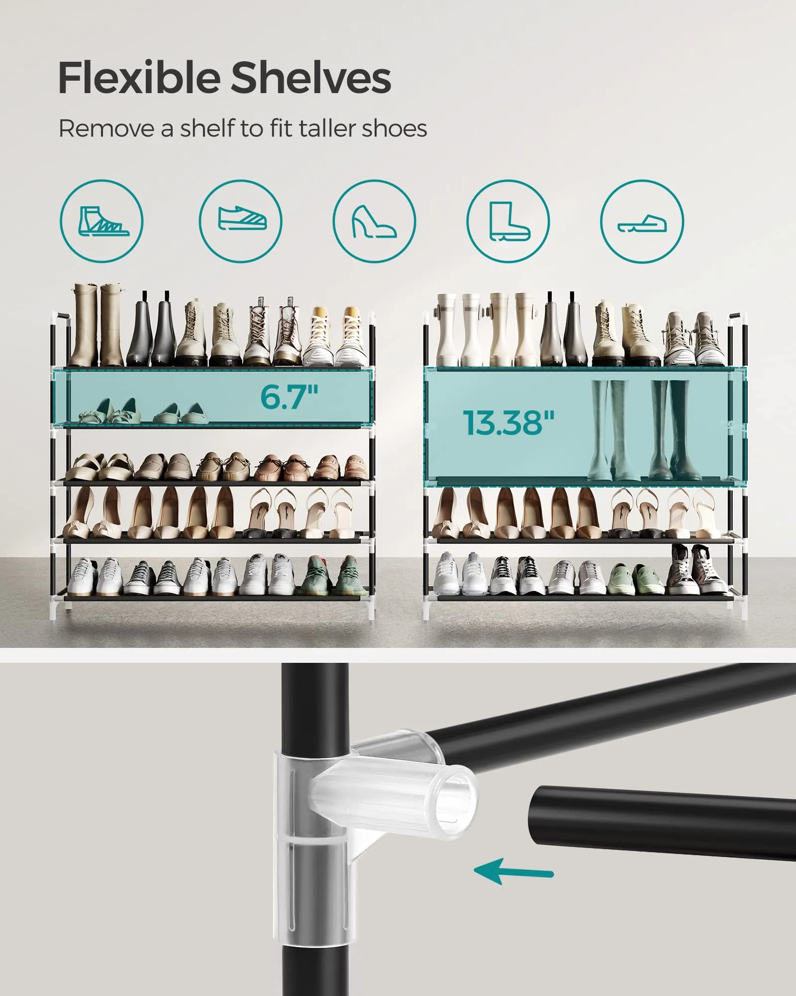 SONGMICS 5-Tier Shoe Rack, Shoe Storage for Hallway Closet, Slim and Space-Saving, Metal Frame, Non-Woven Fabric Shelves, Black ULSH55H