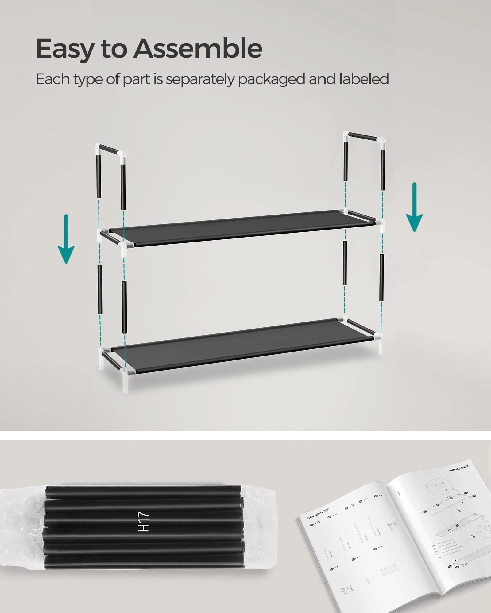 SONGMICS 5-Tier Shoe Rack, Shoe Storage for Hallway Closet, Slim and Space-Saving, Metal Frame, Non-Woven Fabric Shelves, Black ULSH55H