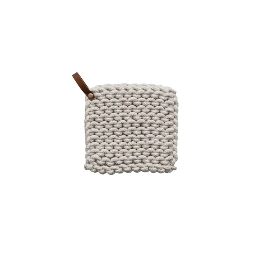 Square Cotton Crocheted Potholder With Leather Loop