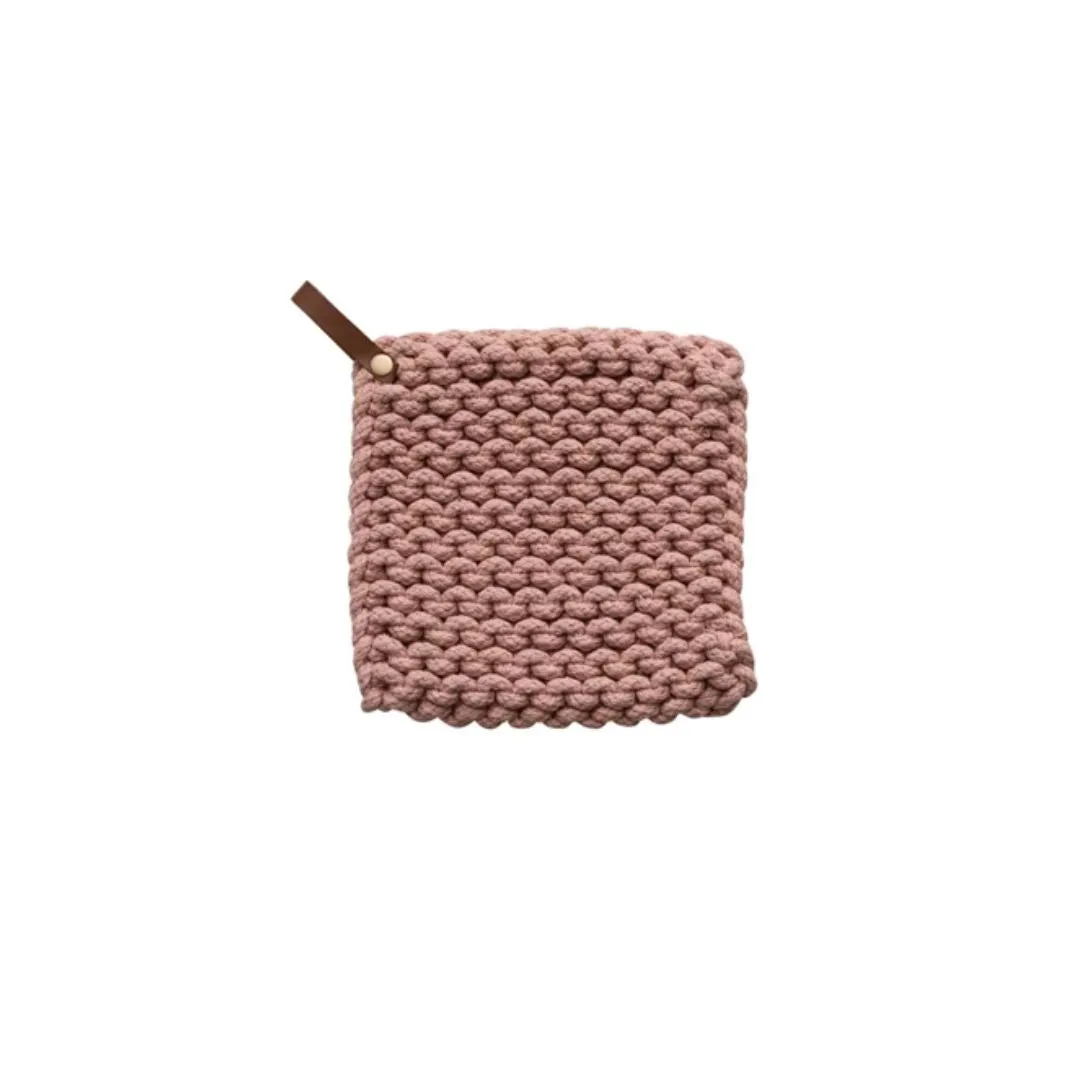 Square Cotton Crocheted Potholder With Leather Loop