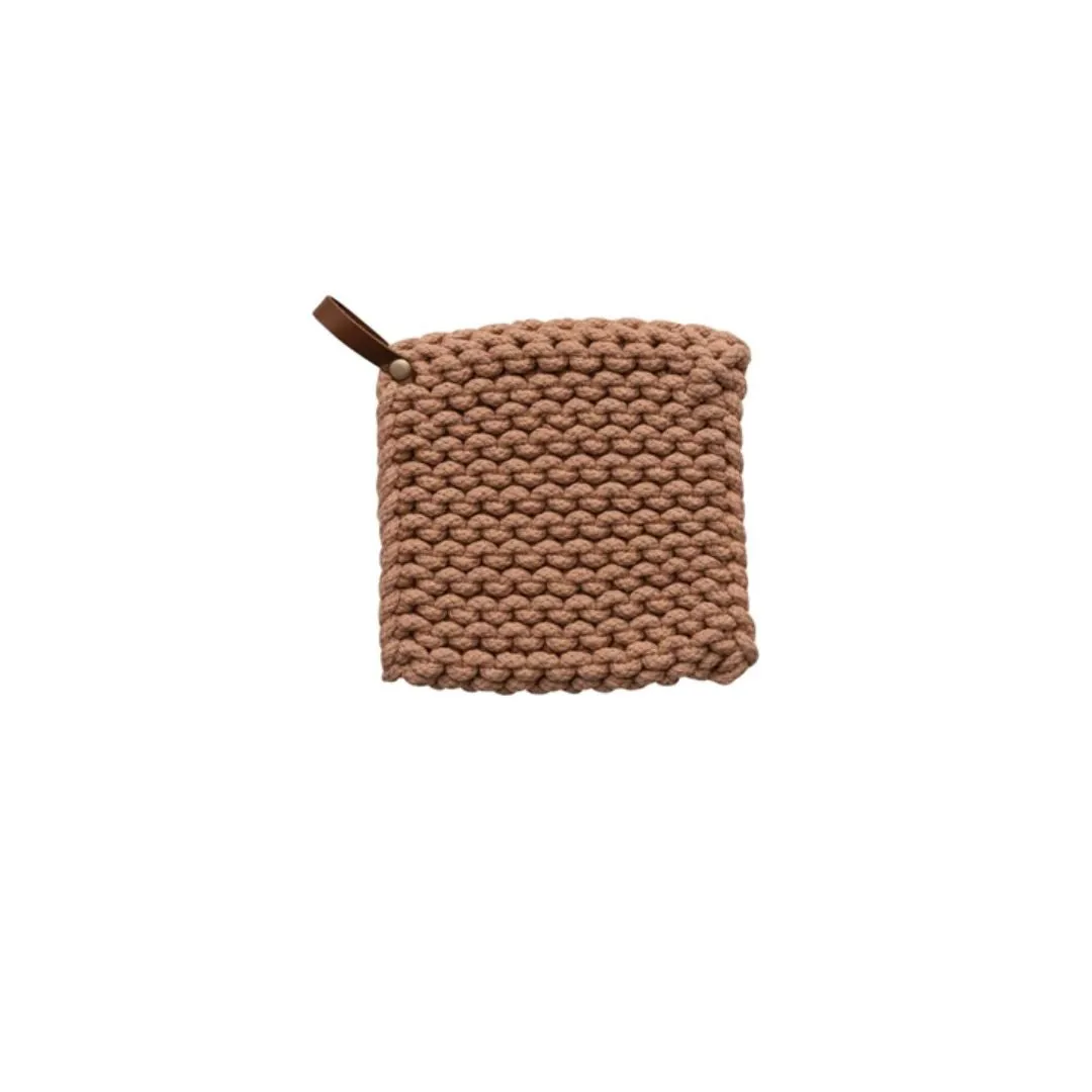 Square Cotton Crocheted Potholder With Leather Loop