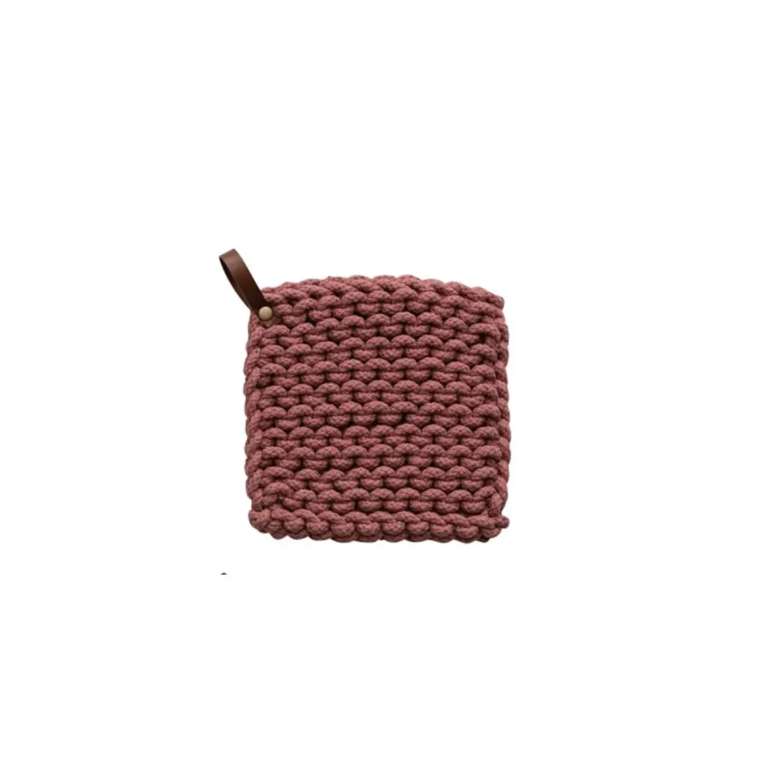 Square Cotton Crocheted Potholder With Leather Loop