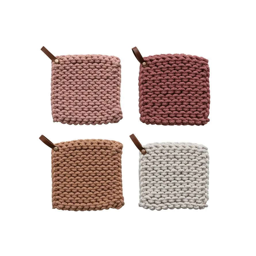 Square Cotton Crocheted Potholder With Leather Loop