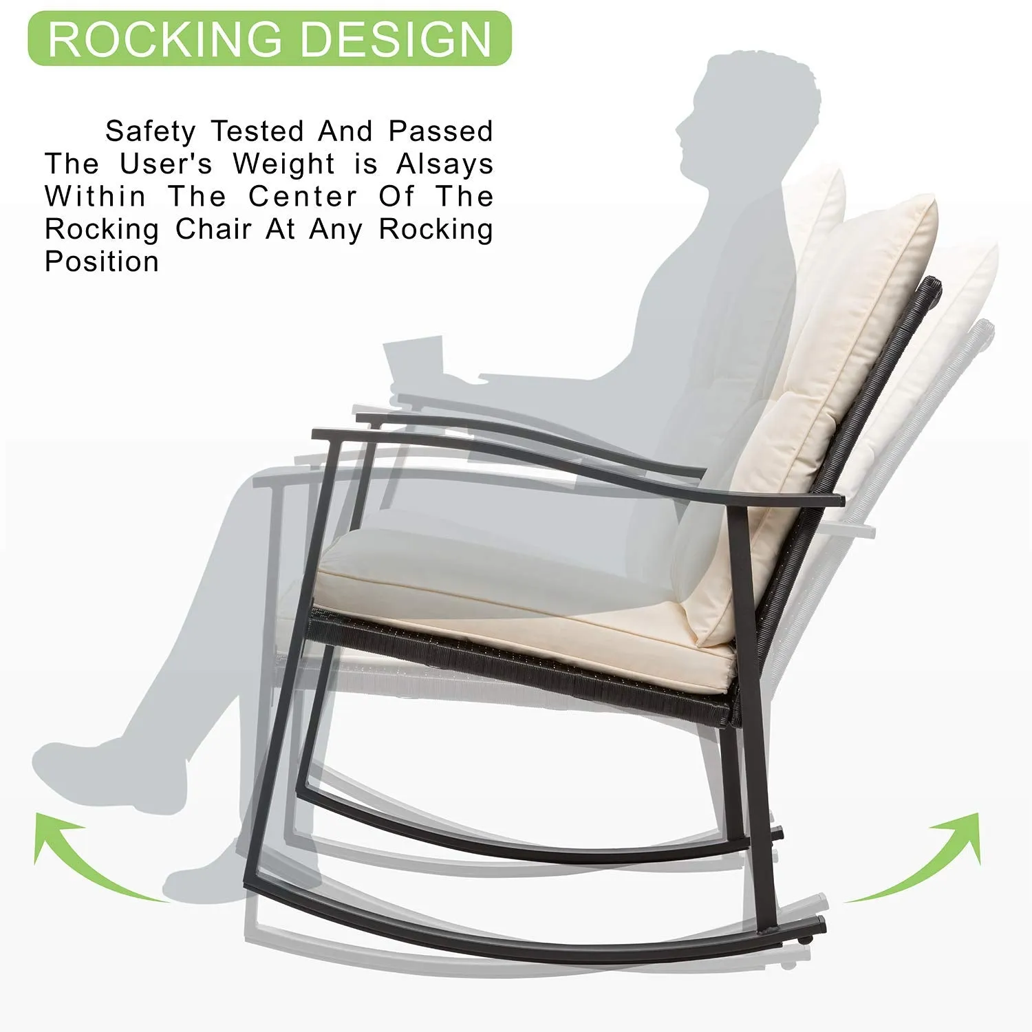 Vongrasig 3 Piece Outdoor Rocking Chair Set, PE Wicker Rattan Small Bistro Set, Front Porch Furniture Rocking Chairs Set of 2, Cushioned Patio Rocker Chair Set with Glass Table (Beige)