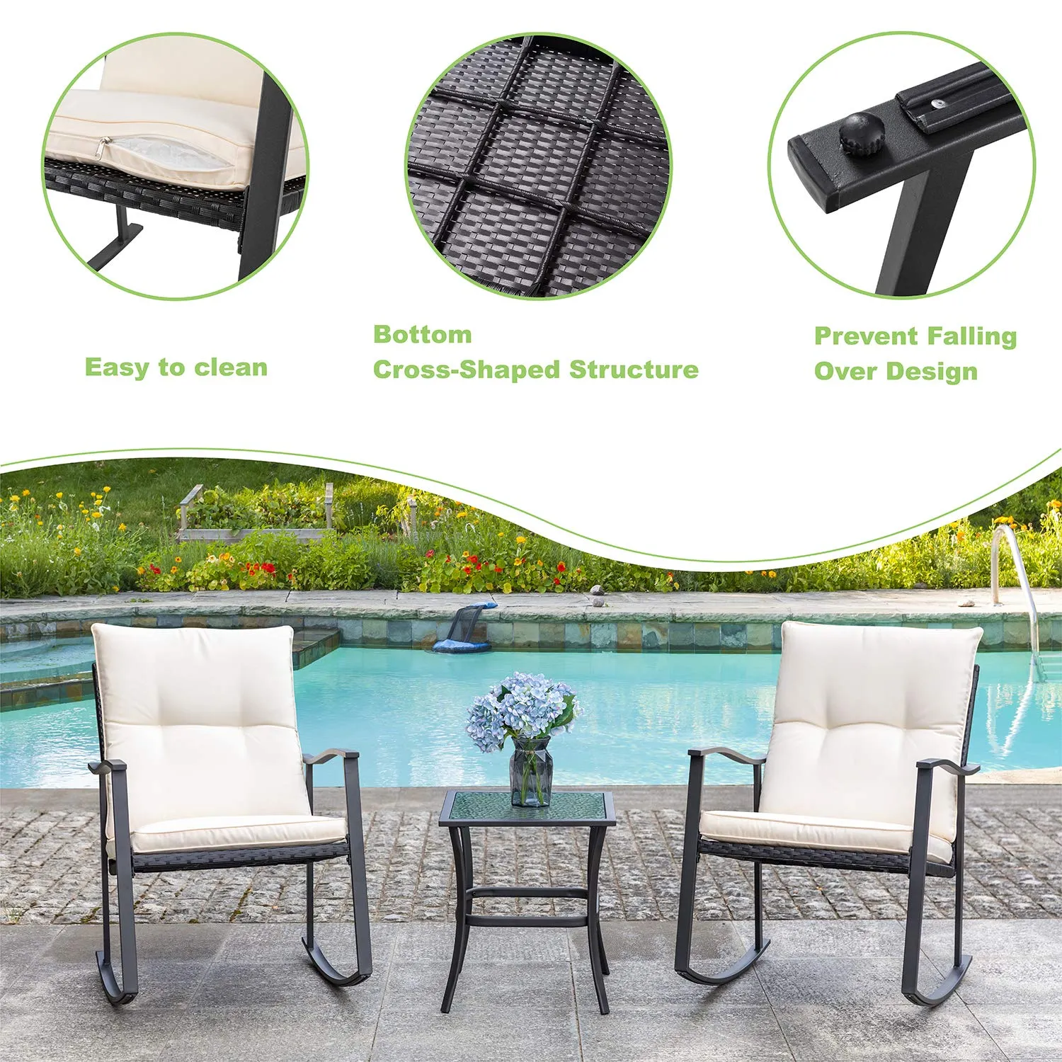 Vongrasig 3 Piece Outdoor Rocking Chair Set, PE Wicker Rattan Small Bistro Set, Front Porch Furniture Rocking Chairs Set of 2, Cushioned Patio Rocker Chair Set with Glass Table (Beige)