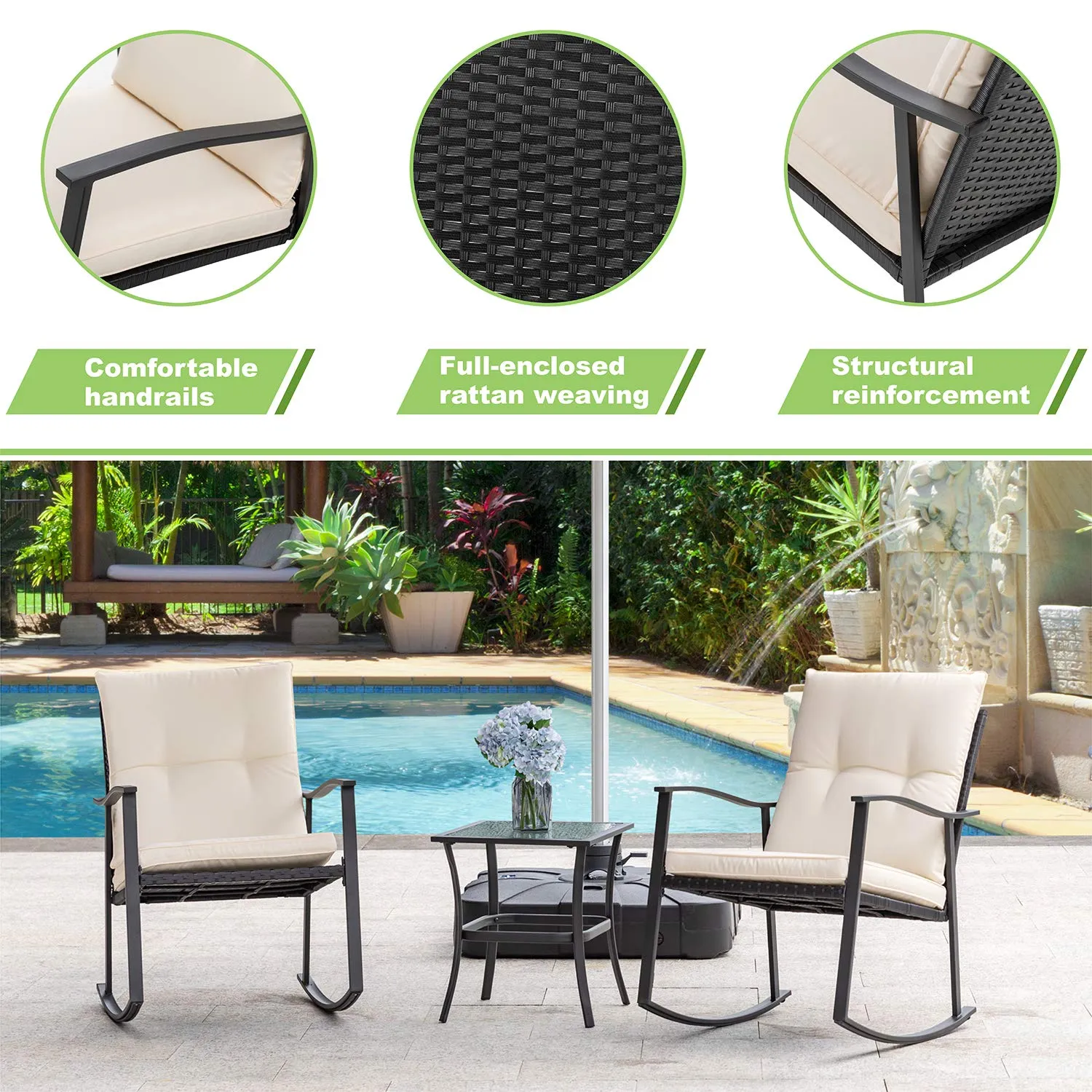 Vongrasig 3 Piece Outdoor Rocking Chair Set, PE Wicker Rattan Small Bistro Set, Front Porch Furniture Rocking Chairs Set of 2, Cushioned Patio Rocker Chair Set with Glass Table (Beige)