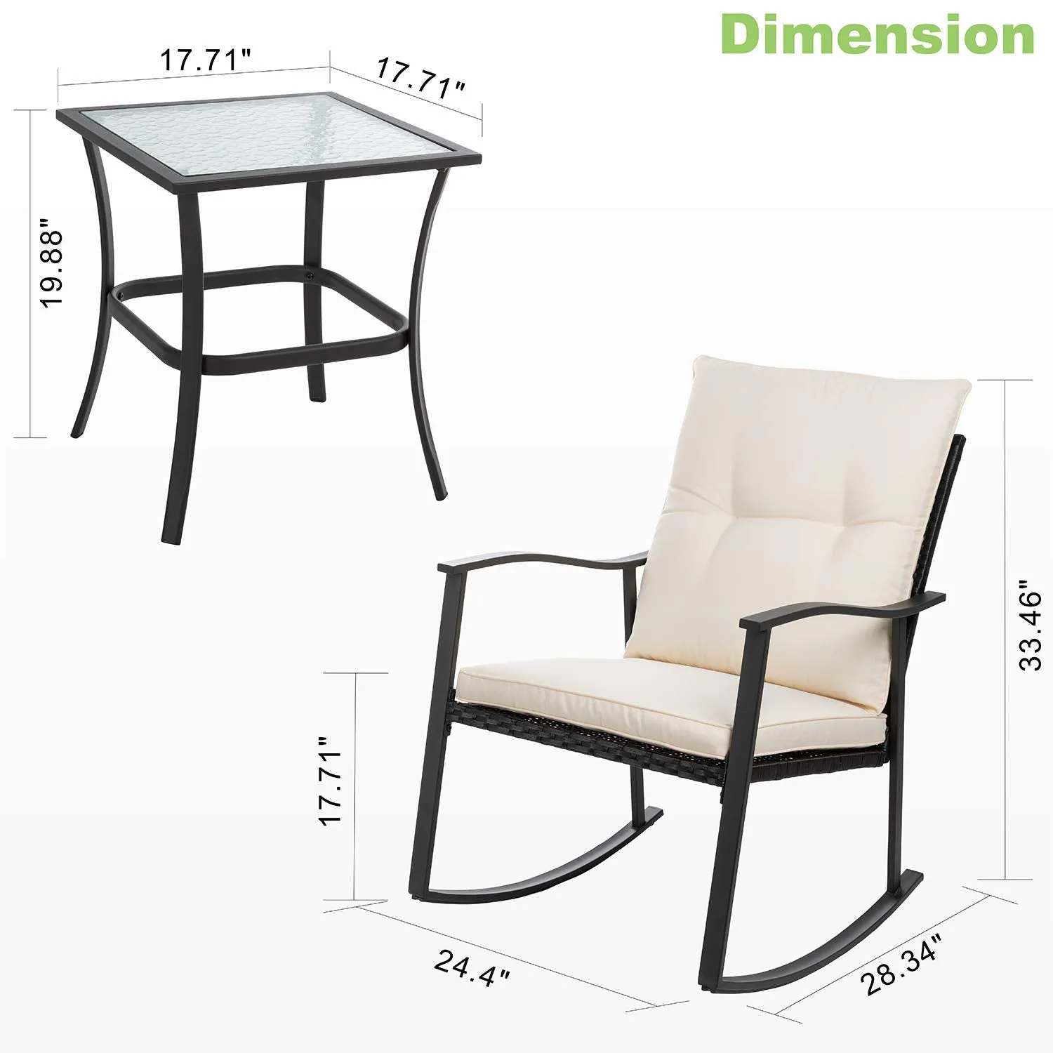 Vongrasig 3 Piece Outdoor Rocking Chair Set, PE Wicker Rattan Small Bistro Set, Front Porch Furniture Rocking Chairs Set of 2, Cushioned Patio Rocker Chair Set with Glass Table (Beige)